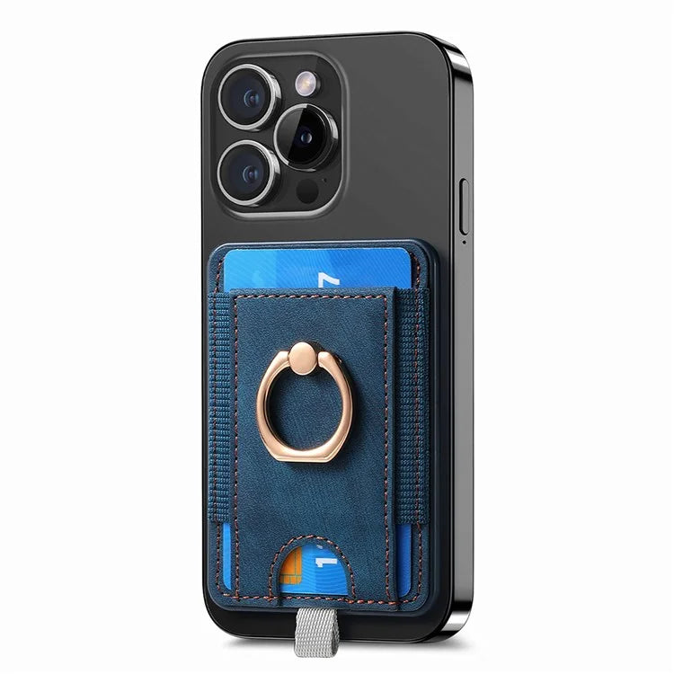 Magnetic Card Holder Ring Kickstand Retro Texture PU Leather Card Bag