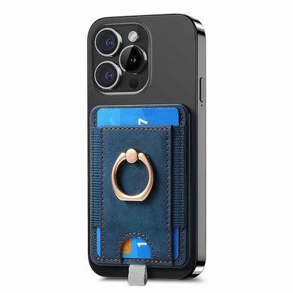 Magnetic Card Holder Ring Kickstand Retro Texture PU Leather Card Bag