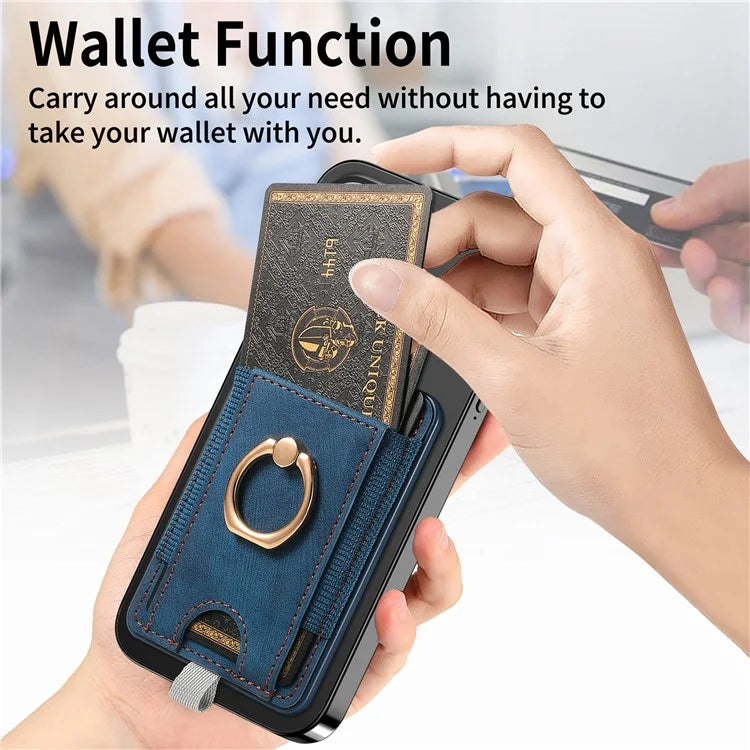 Magnetic Card Holder Ring Kickstand Retro Texture PU Leather Card Bag