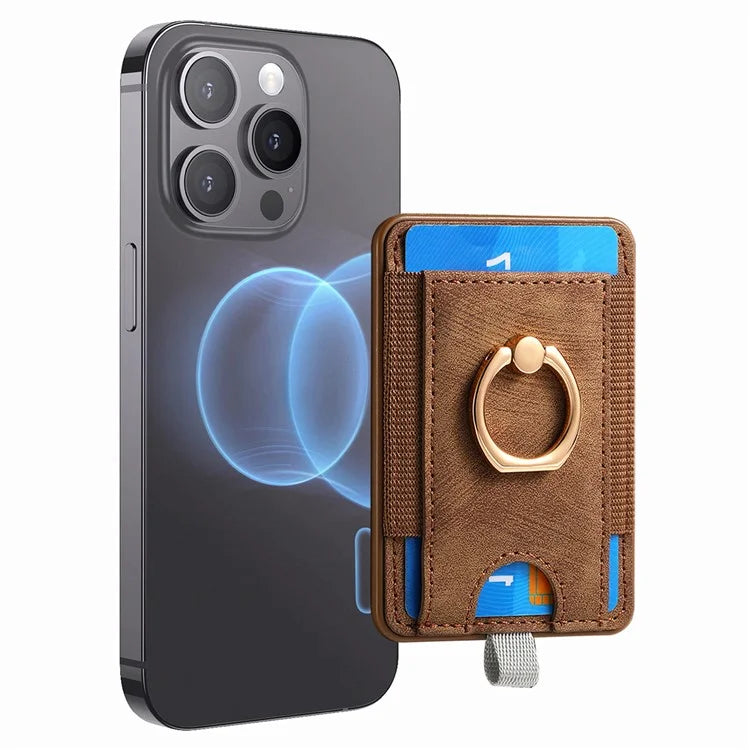 Magnetic Card Holder Ring Kickstand Retro Texture PU Leather Card Bag