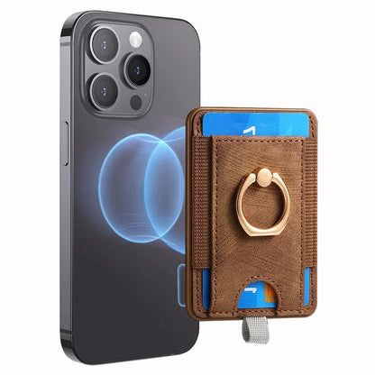 Magnetic Card Holder Ring Kickstand Retro Texture PU Leather Card Bag