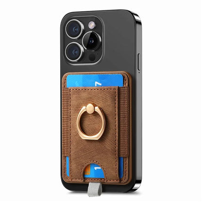 Magnetic Card Holder Ring Kickstand Retro Texture PU Leather Card Bag