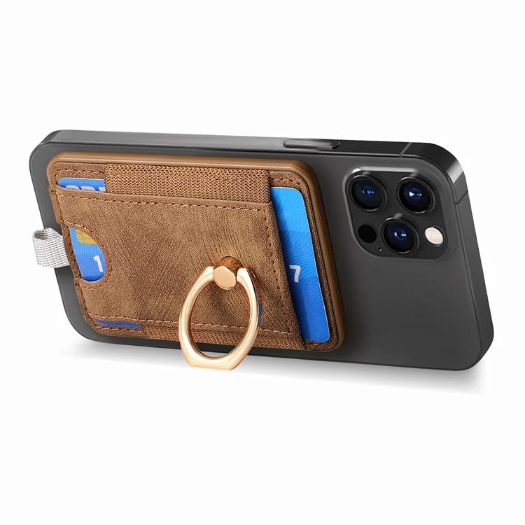 Magnetic Card Holder Ring Kickstand Retro Texture PU Leather Card Bag