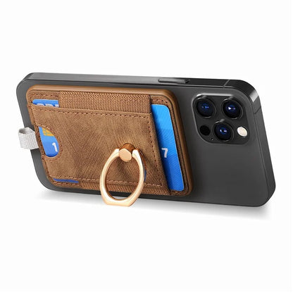 Magnetic Card Holder Ring Kickstand Retro Texture PU Leather Card Bag