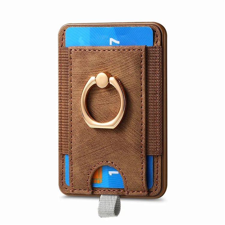 Magnetic Card Holder Ring Kickstand Retro Texture PU Leather Card Bag