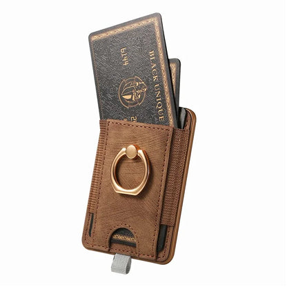 Magnetic Card Holder Ring Kickstand Retro Texture PU Leather Card Bag