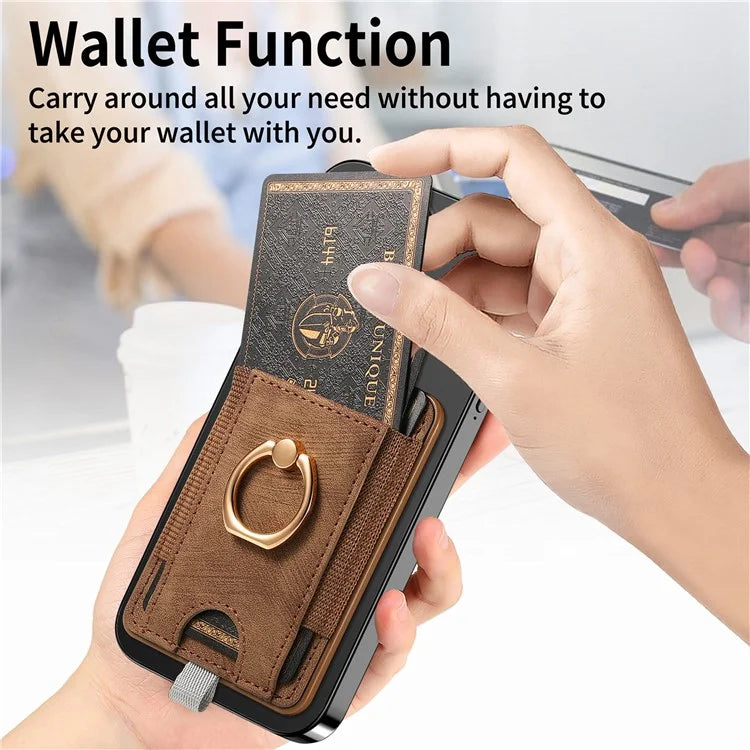 Magnetic Card Holder Ring Kickstand Retro Texture PU Leather Card Bag
