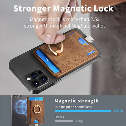 Magnetic Card Holder Ring Kickstand Retro Texture PU Leather Card Bag