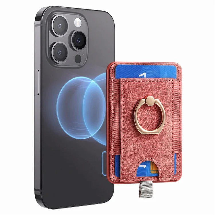 Magnetic Card Holder Ring Kickstand Retro Texture PU Leather Card Bag