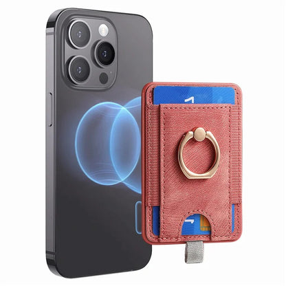 Magnetic Card Holder Ring Kickstand Retro Texture PU Leather Card Bag