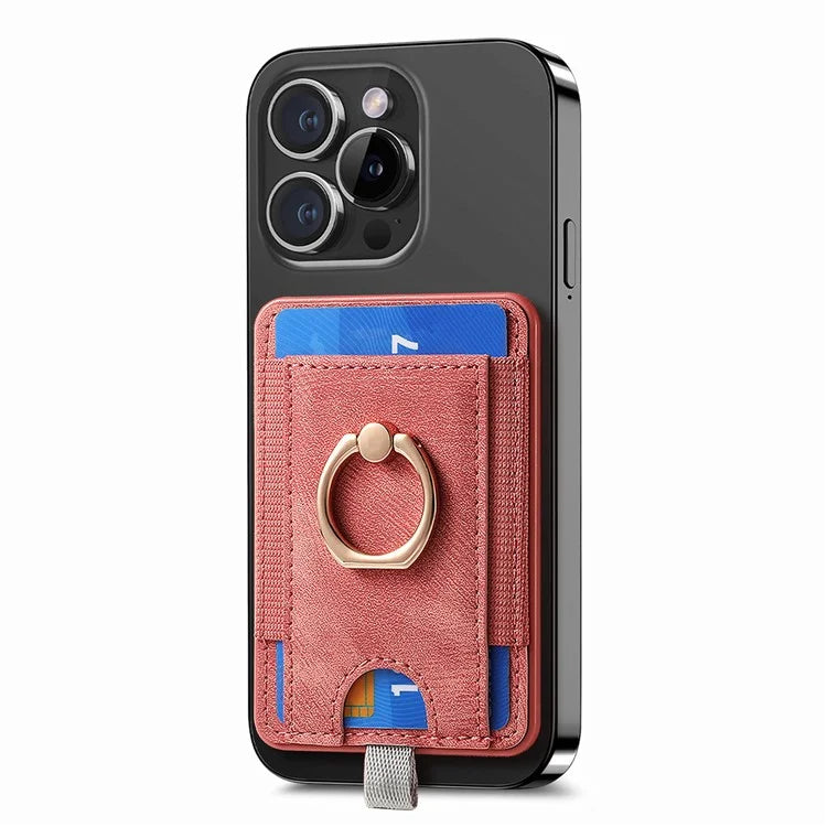 Magnetic Card Holder Ring Kickstand Retro Texture PU Leather Card Bag