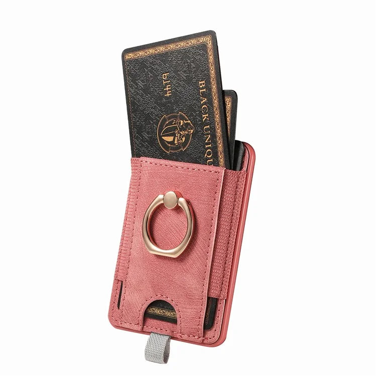Magnetic Card Holder Ring Kickstand Retro Texture PU Leather Card Bag