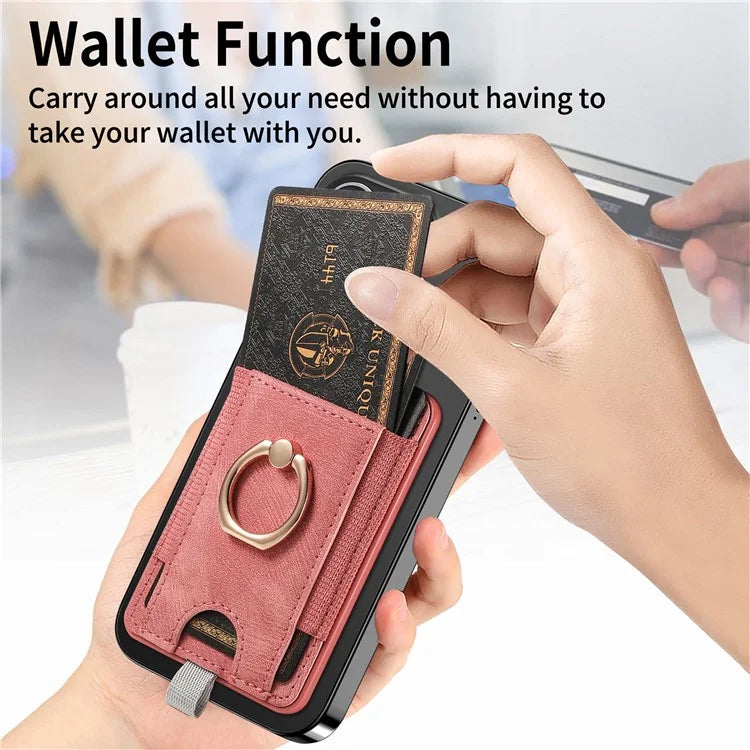 Magnetic Card Holder Ring Kickstand Retro Texture PU Leather Card Bag
