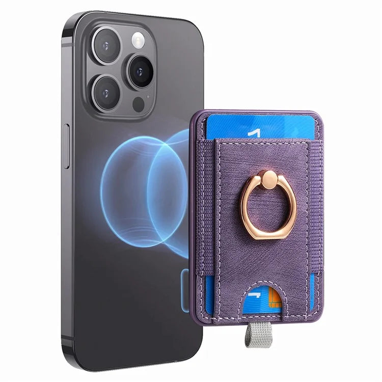 Magnetic Card Holder Ring Kickstand Retro Texture PU Leather Card Bag