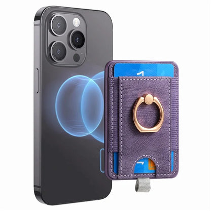 Magnetic Card Holder Ring Kickstand Retro Texture PU Leather Card Bag