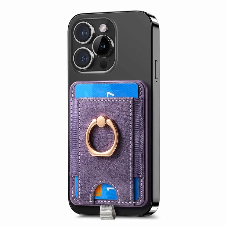 Magnetic Card Holder Ring Kickstand Retro Texture PU Leather Card Bag