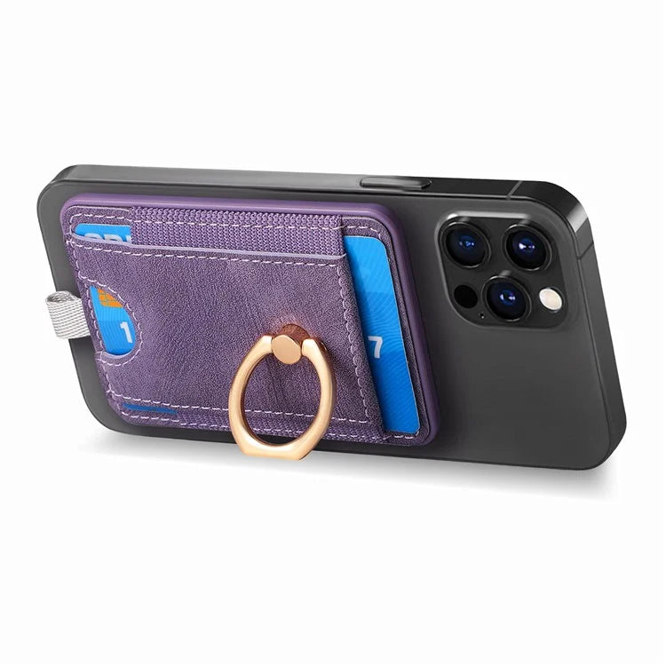 Magnetic Card Holder Ring Kickstand Retro Texture PU Leather Card Bag