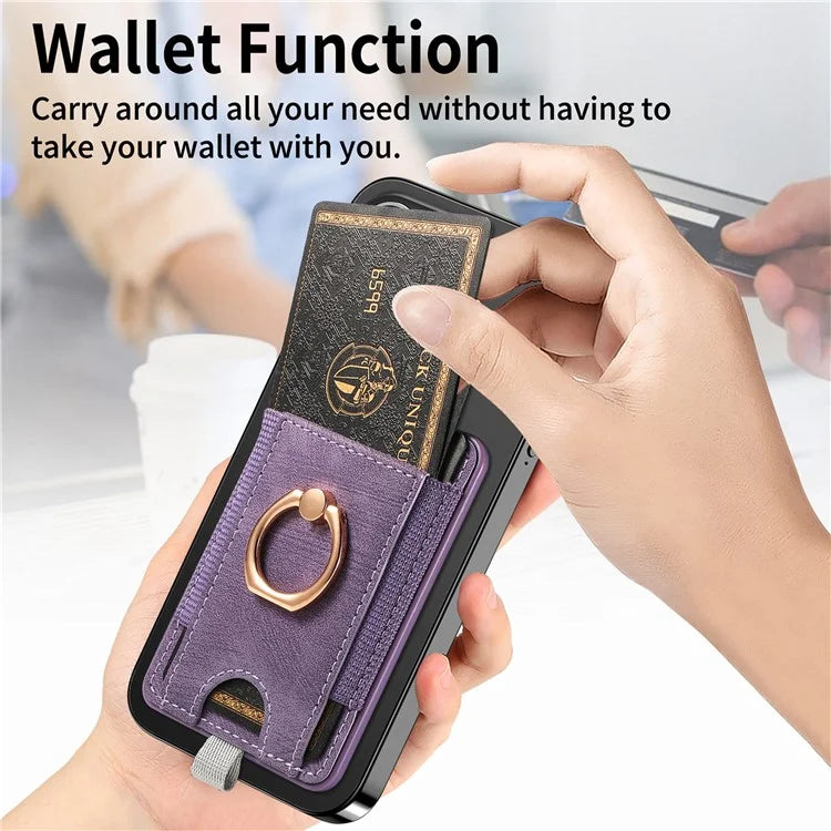 Magnetic Card Holder Ring Kickstand Retro Texture PU Leather Card Bag
