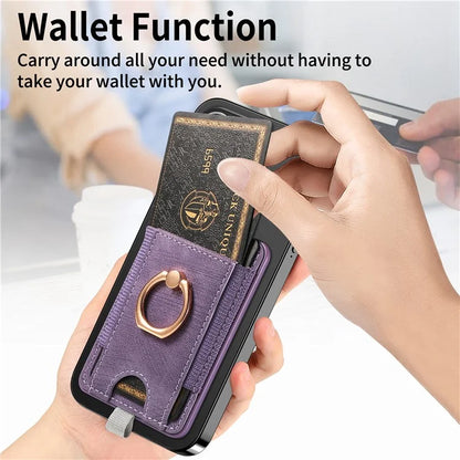 Magnetic Card Holder Ring Kickstand Retro Texture PU Leather Card Bag