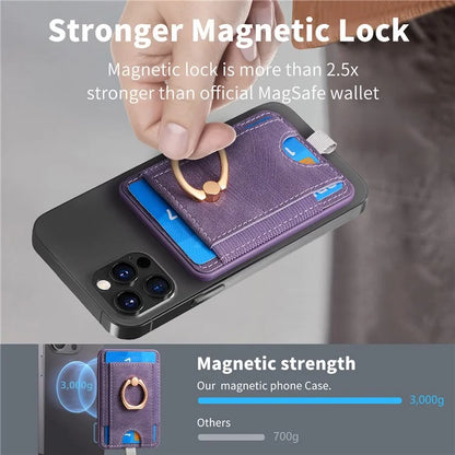 Magnetic Card Holder Ring Kickstand Retro Texture PU Leather Card Bag
