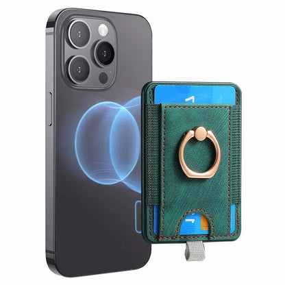 Magnetic Card Holder Ring Kickstand Retro Texture PU Leather Card Bag