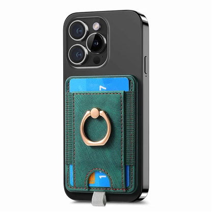 Magnetic Card Holder Ring Kickstand Retro Texture PU Leather Card Bag