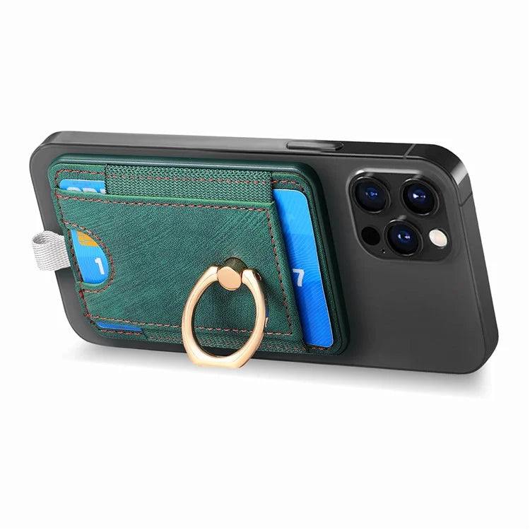 Magnetic Card Holder Ring Kickstand Retro Texture PU Leather Card Bag