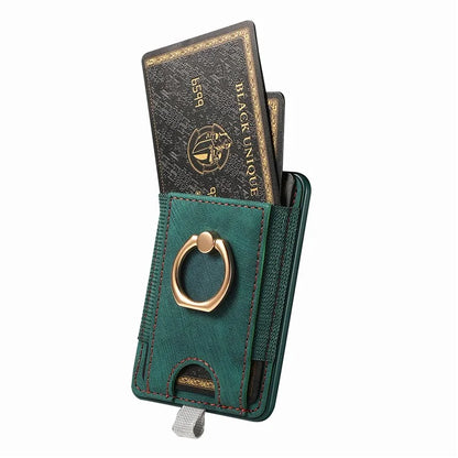 Magnetic Card Holder Ring Kickstand Retro Texture PU Leather Card Bag