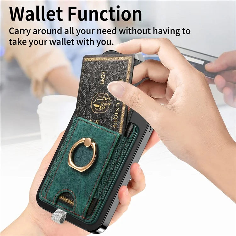 Magnetic Card Holder Ring Kickstand Retro Texture PU Leather Card Bag