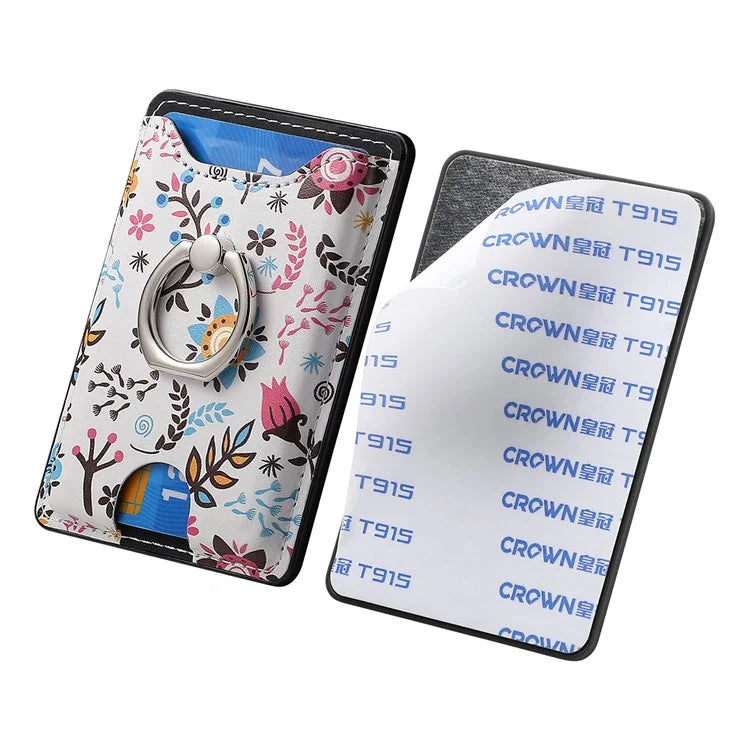 Ring Holder Kickstand Card Bag Flower Print PU Leather Adhesive Phone Card Slot