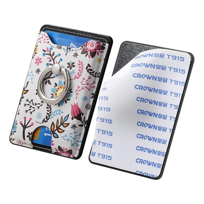 Ring Holder Kickstand Card Bag Flower Print PU Leather Adhesive Phone Card Slot