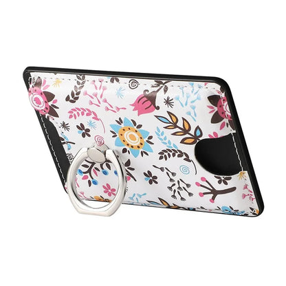 Ring Holder Kickstand Card Bag Flower Print PU Leather Adhesive Phone Card Slot