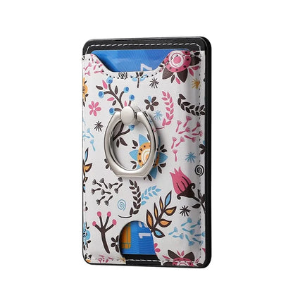 Ring Holder Kickstand Card Bag Flower Print PU Leather Adhesive Phone Card Slot