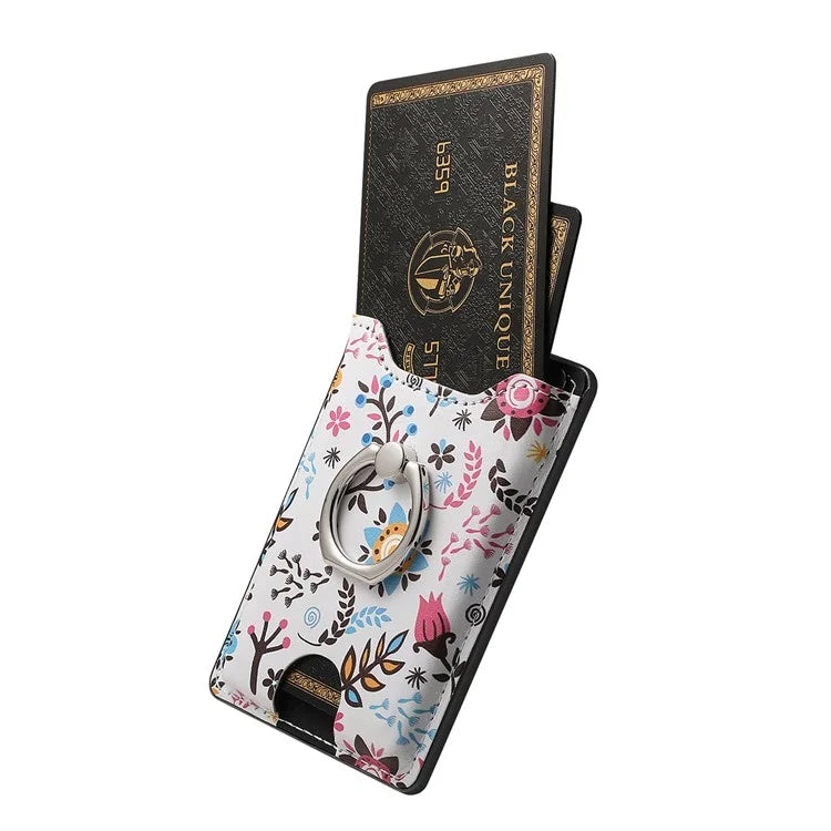 Ring Holder Kickstand Card Bag Flower Print PU Leather Adhesive Phone Card Slot