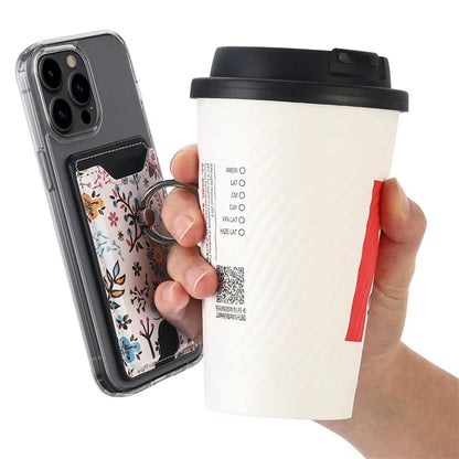 Ring Holder Kickstand Card Bag Flower Print PU Leather Adhesive Phone Card Slot