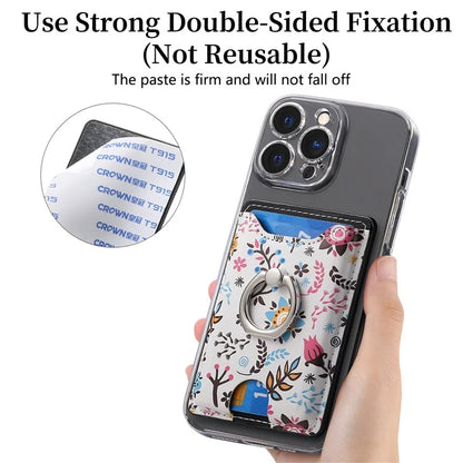 Ring Holder Kickstand Card Bag Flower Print PU Leather Adhesive Phone Card Slot