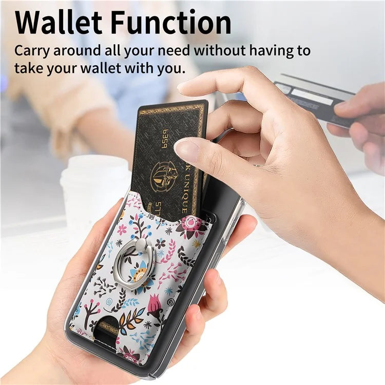Ring Holder Kickstand Card Bag Flower Print PU Leather Adhesive Phone Card Slot