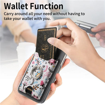 Ring Holder Kickstand Card Bag Flower Print PU Leather Adhesive Phone Card Slot