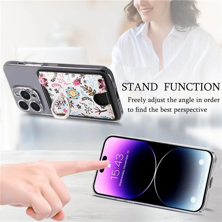 Ring Holder Kickstand Card Bag Flower Print PU Leather Adhesive Phone Card Slot
