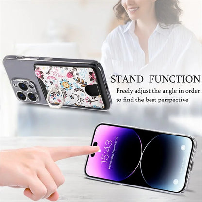 Ring Holder Kickstand Card Bag Flower Print PU Leather Adhesive Phone Card Slot