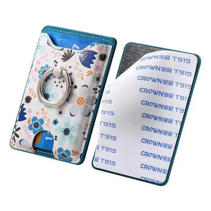 Ring Holder Kickstand Card Bag Flower Print PU Leather Adhesive Phone Card Slot