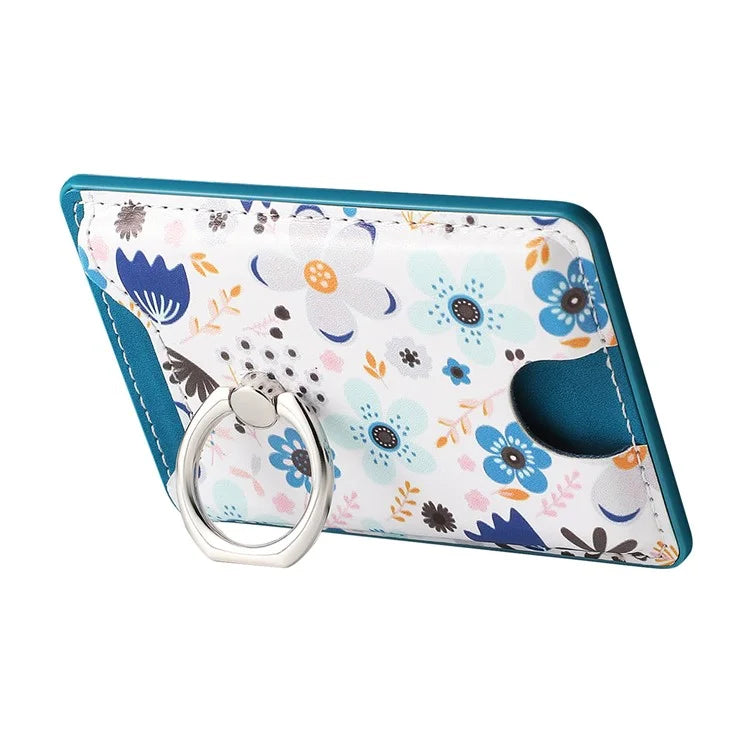 Ring Holder Kickstand Card Bag Flower Print PU Leather Adhesive Phone Card Slot