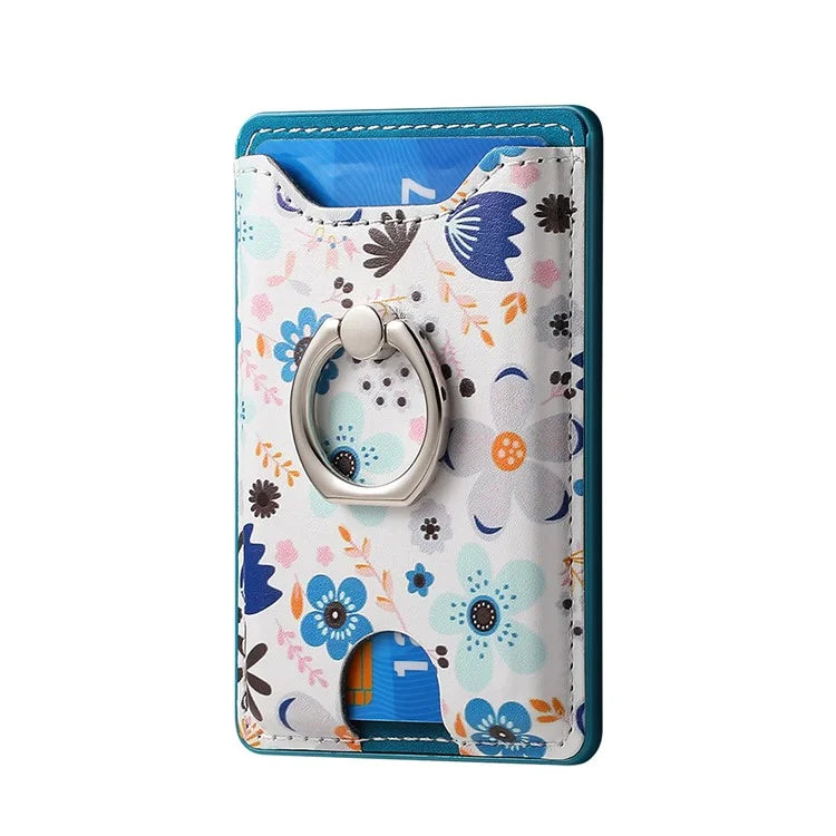 Ring Holder Kickstand Card Bag Flower Print PU Leather Adhesive Phone Card Slot