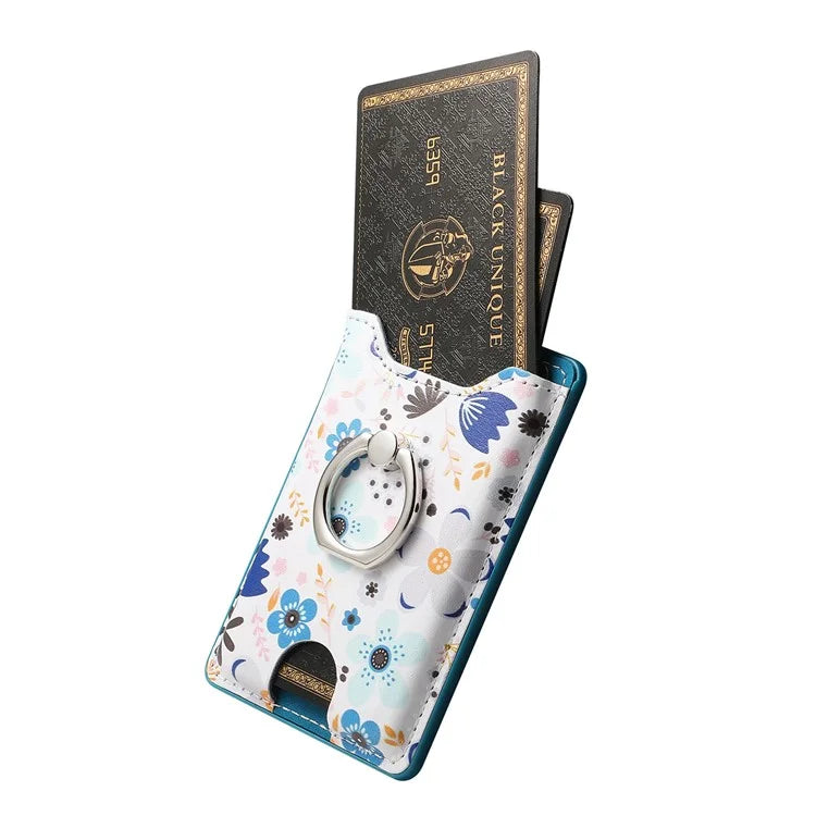 Ring Holder Kickstand Card Bag Flower Print PU Leather Adhesive Phone Card Slot