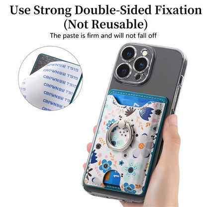 Ring Holder Kickstand Card Bag Flower Print PU Leather Adhesive Phone Card Slot