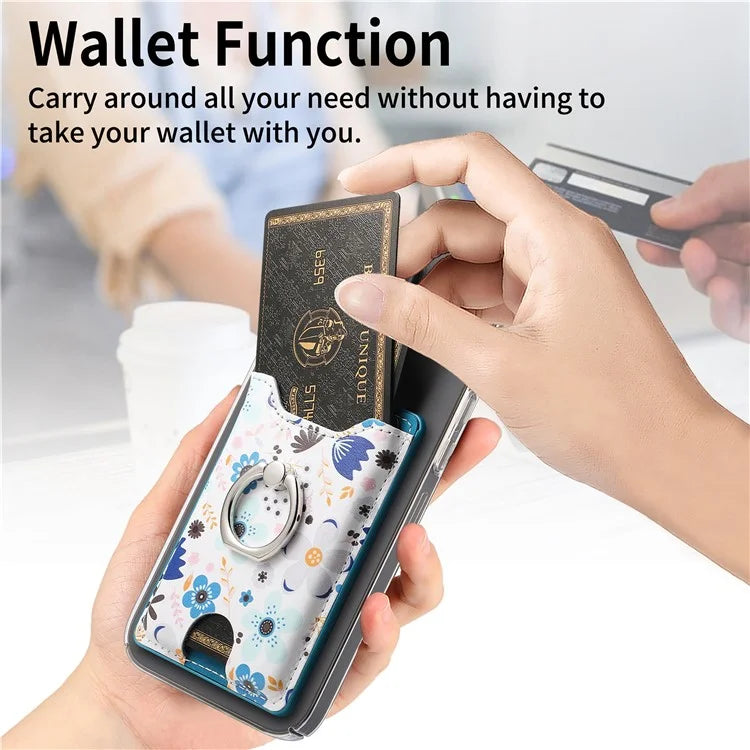 Ring Holder Kickstand Card Bag Flower Print PU Leather Adhesive Phone Card Slot