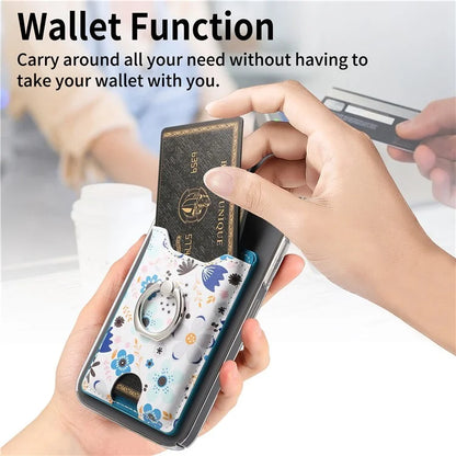Ring Holder Kickstand Card Bag Flower Print PU Leather Adhesive Phone Card Slot