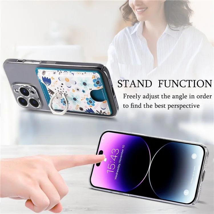 Ring Holder Kickstand Card Bag Flower Print PU Leather Adhesive Phone Card Slot