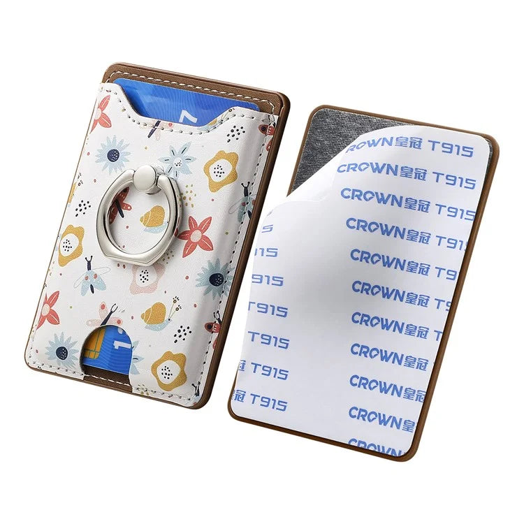 Ring Holder Kickstand Card Bag Flower Print PU Leather Adhesive Phone Card Slot