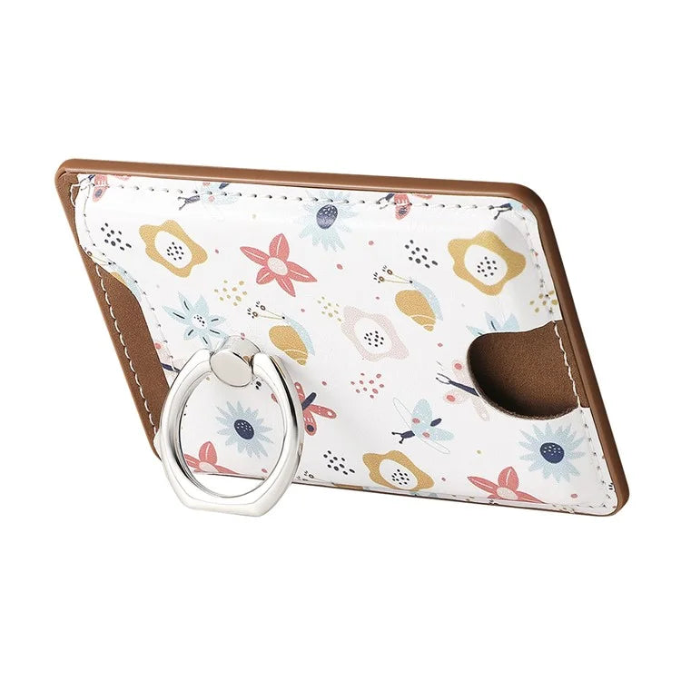 Ring Holder Kickstand Card Bag Flower Print PU Leather Adhesive Phone Card Slot